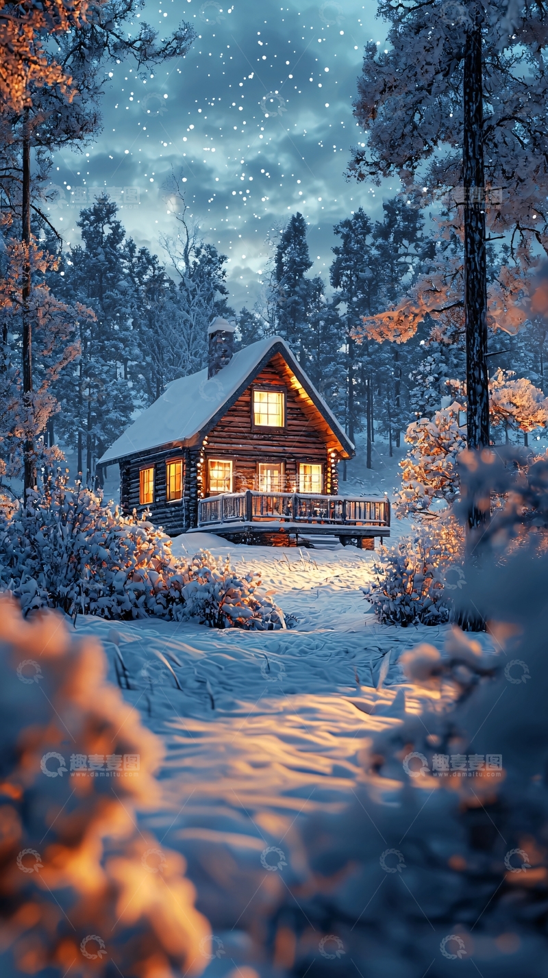 高清大图下载【趣麦麦图】雪夜林间温暖小木屋