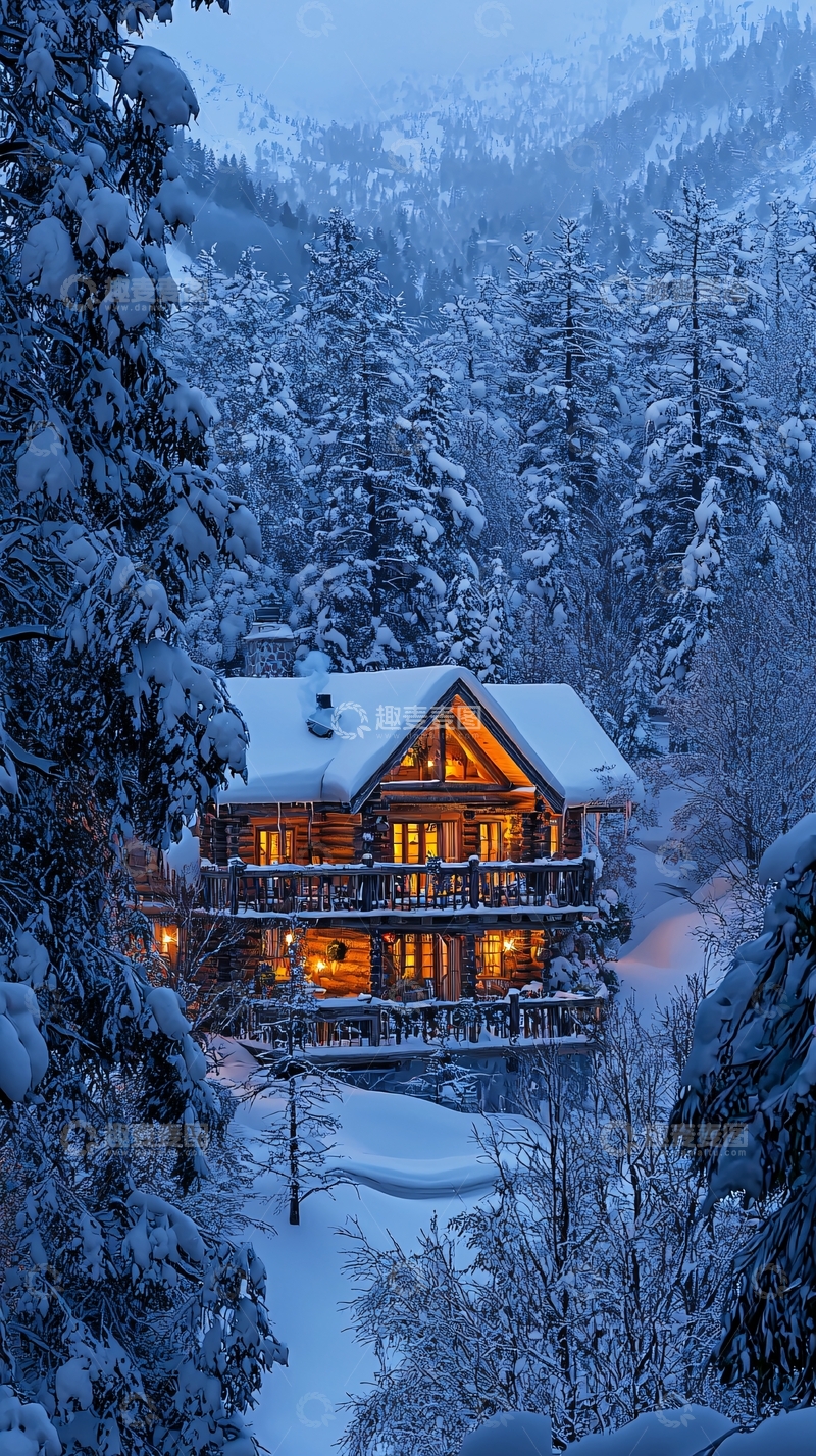 高清大图下载【趣麦麦图】雪山环绕的木屋温暖灯光