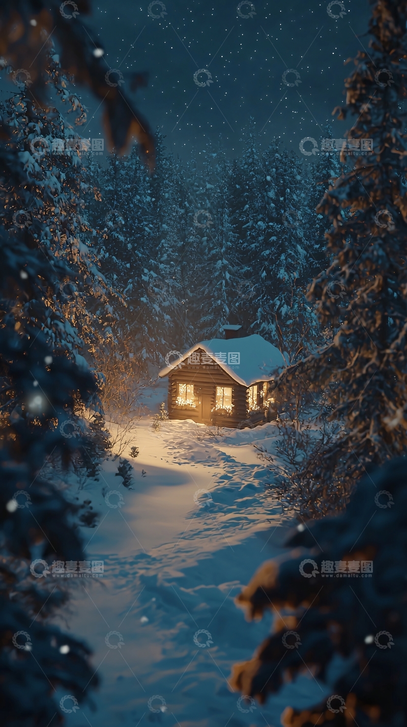 高清大图下载【趣麦麦图】雪夜森林小屋