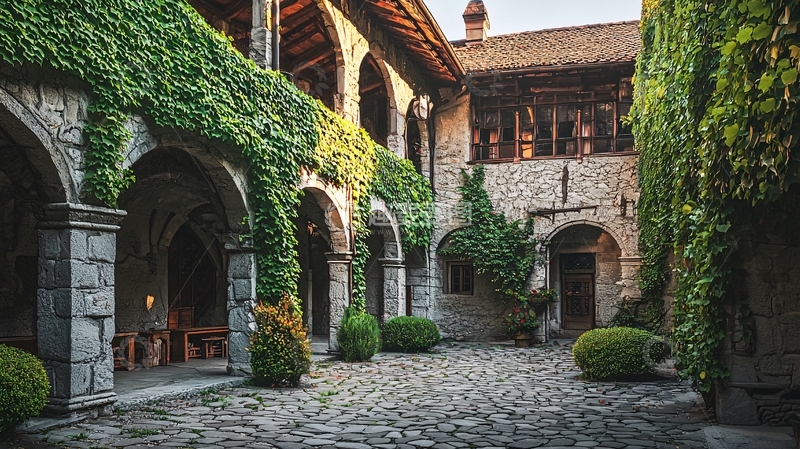 高清大图下载【趣麦麦图】绿植爬满墙的古老庭院