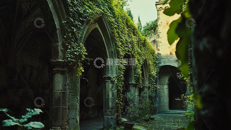 高清大图下载【趣麦麦图】绿植覆盖的古老拱廊