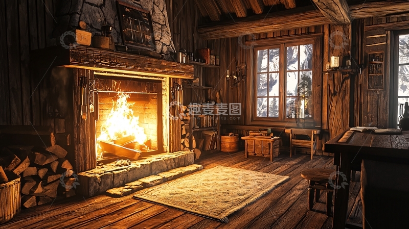高清大图下载【趣麦麦图】温暖的壁炉木屋