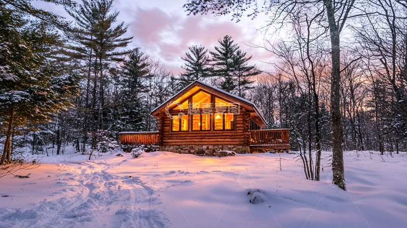 高清大图下载【趣麦麦图】冬日森林木屋