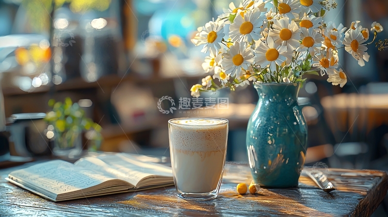 高清大图下载【趣麦麦图】书桌上的鲜花和饮品