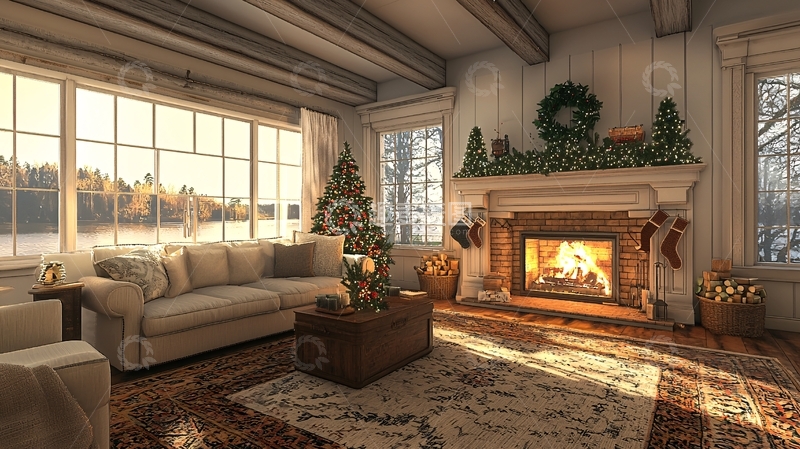 高清大图下载【趣麦麦图】温馨壁炉圣诞客厅