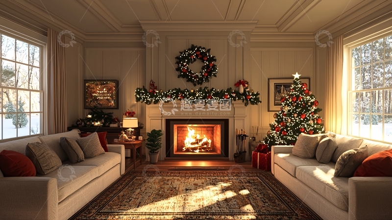 高清大图下载【趣麦麦图】舒适圣诞节壁炉客厅