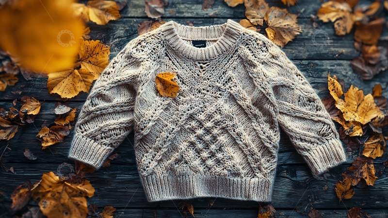 高清大图下载【趣麦麦图】米色毛衣秋叶特写