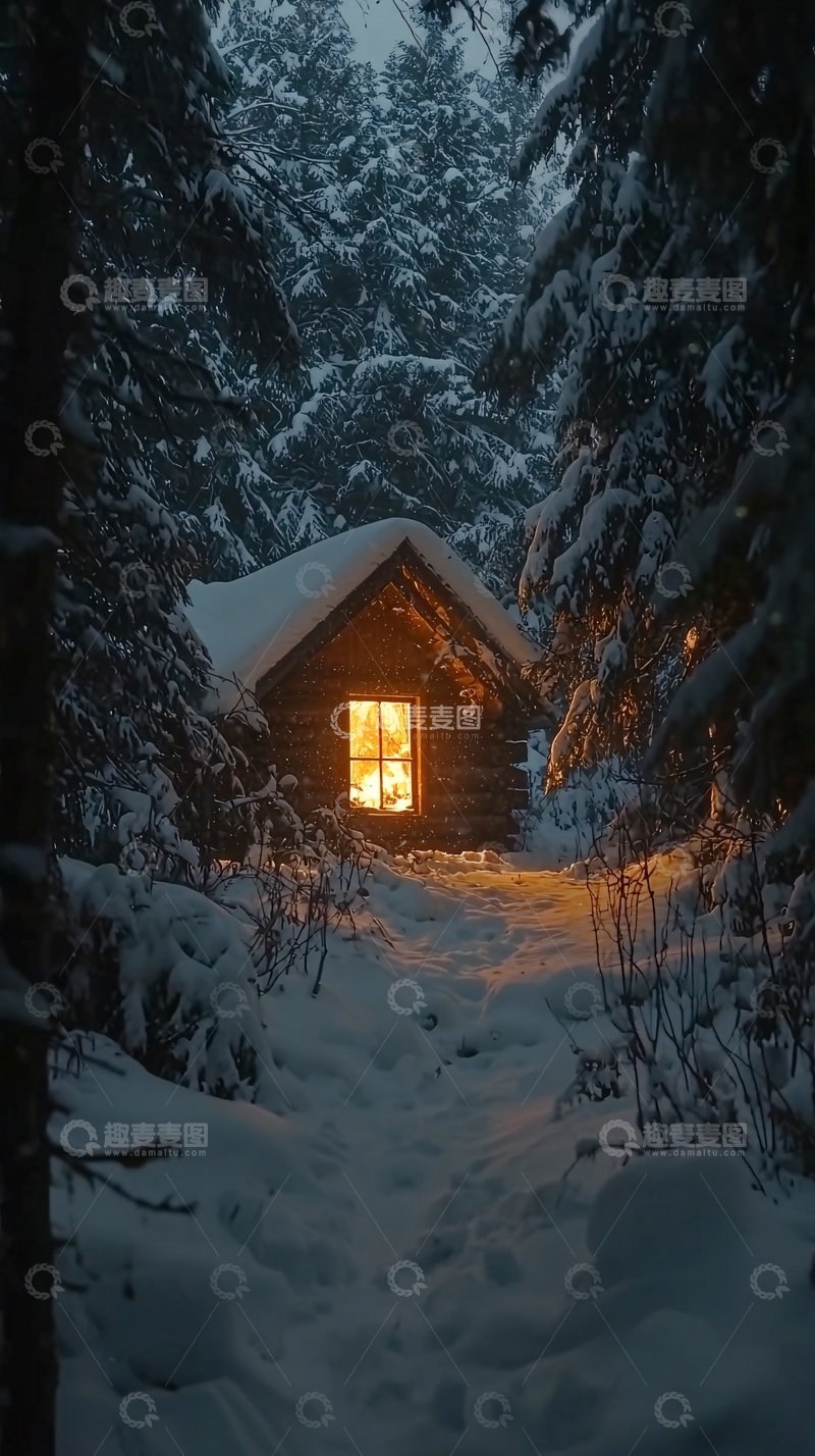 高清大图下载【趣麦麦图】雪夜森林小屋