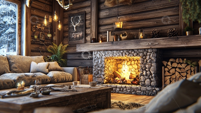 高清大图下载【趣麦麦图】木屋壁炉客厅