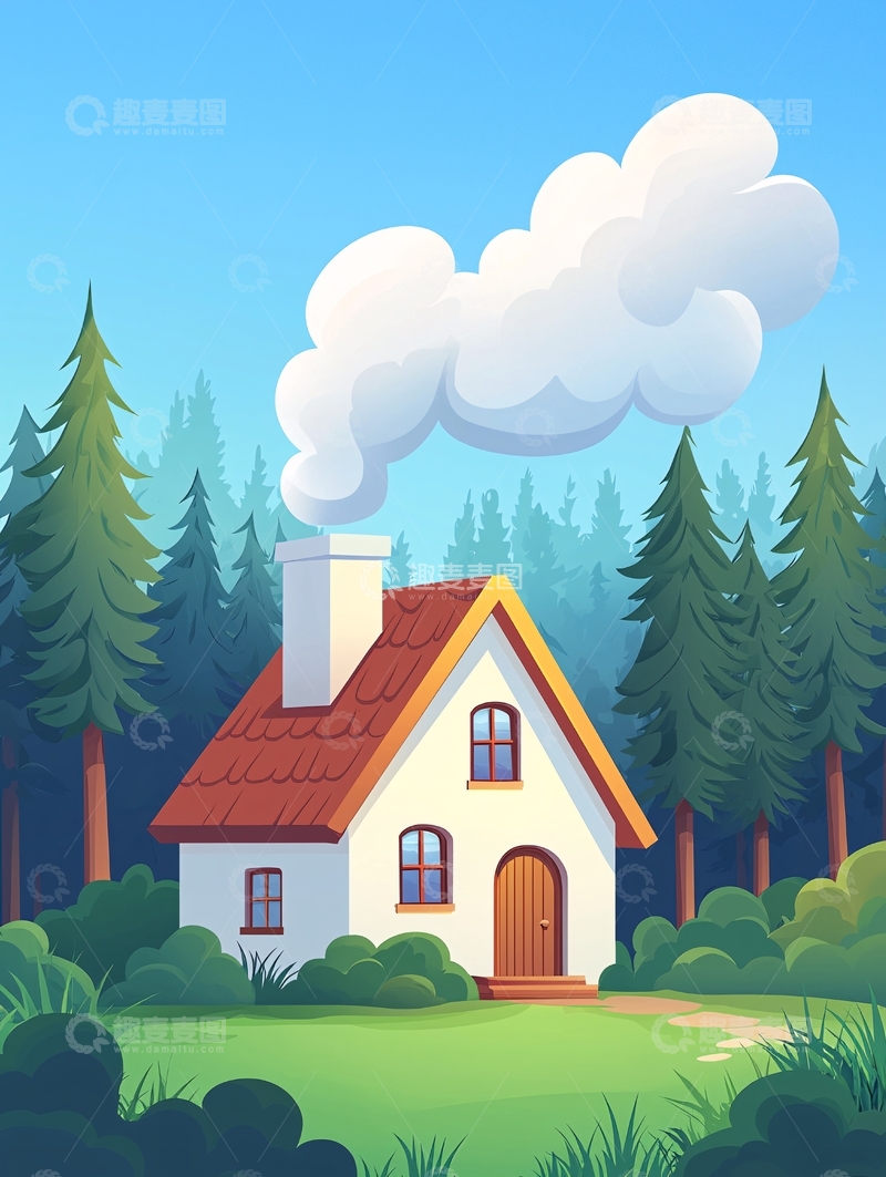 高清大图下载【趣麦麦图】卡通小屋在森林中冒烟