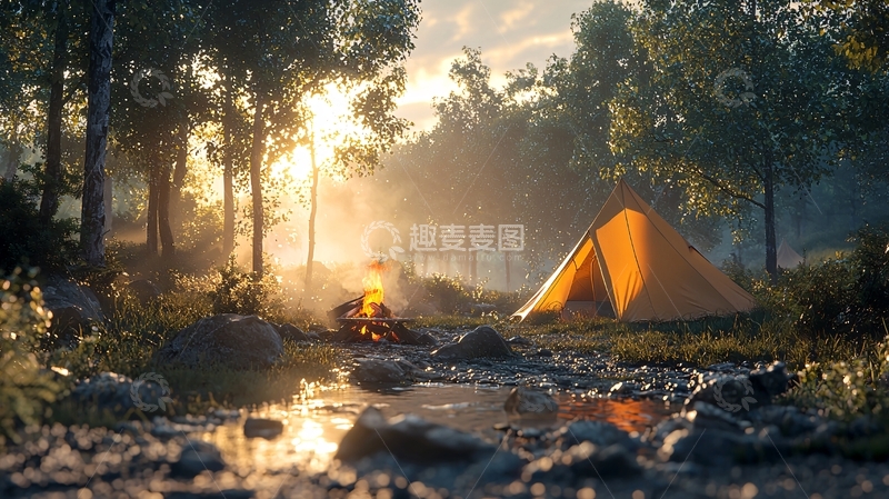 高清大图下载【趣麦麦图】森林营地日出光芒