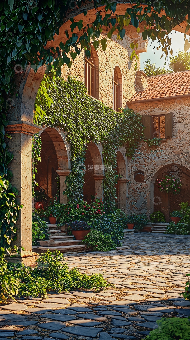 高清大图下载【趣麦麦图】藤蔓爬墙的古老庭院