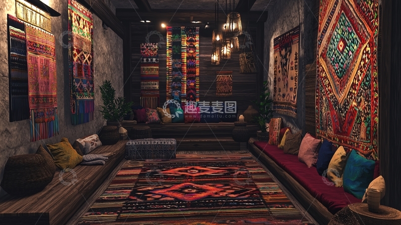 高清大图下载【趣麦麦图】暗色系波斯地毯装饰的复古客厅