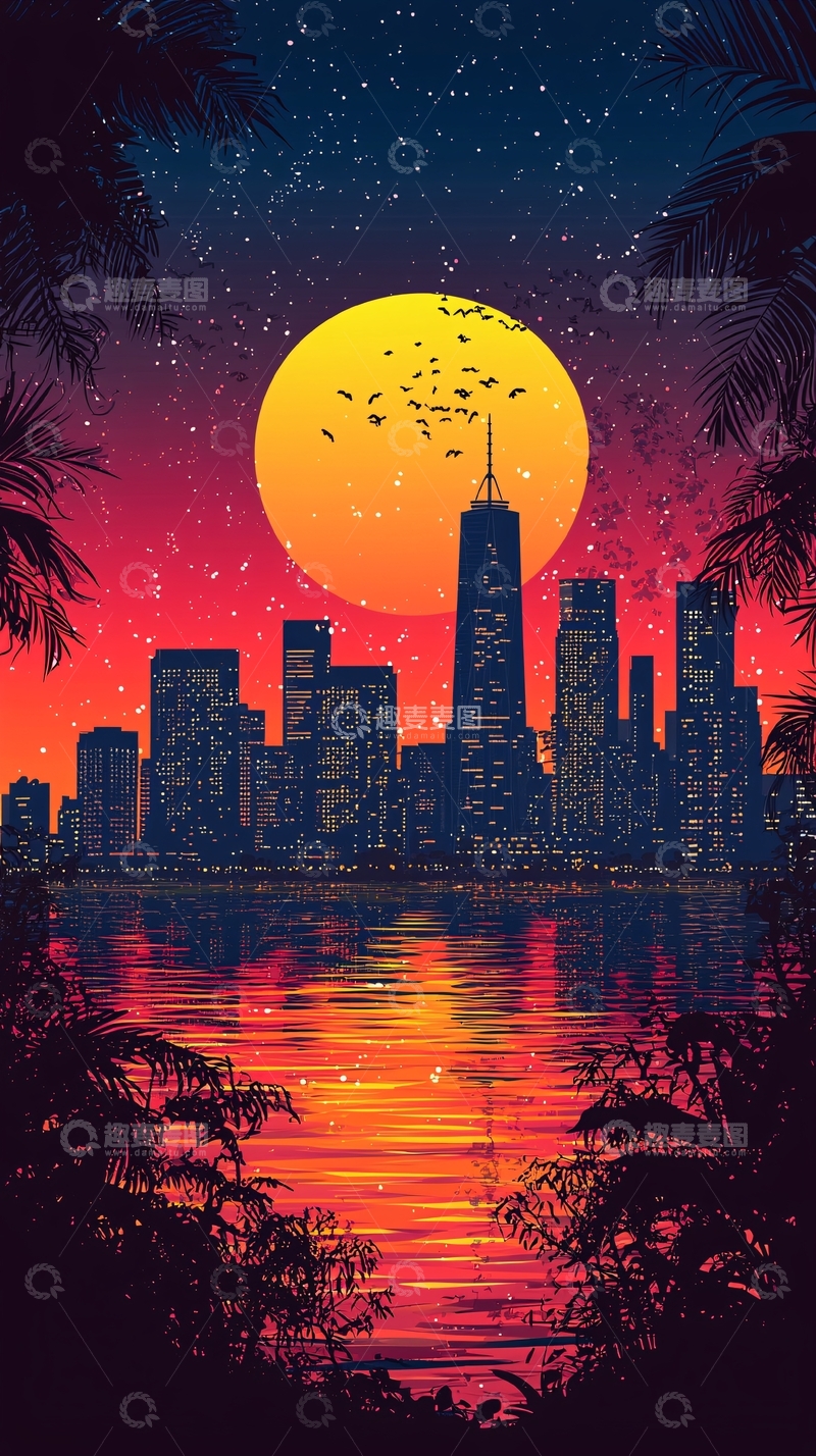 高清大图下载【趣麦麦图】城市天际线和月亮剪影