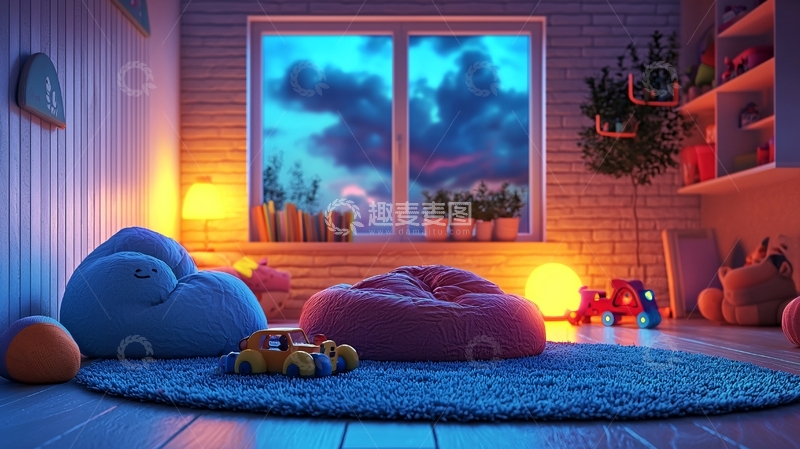 高清大图下载【趣麦麦图】舒适温馨的儿童房夜景
