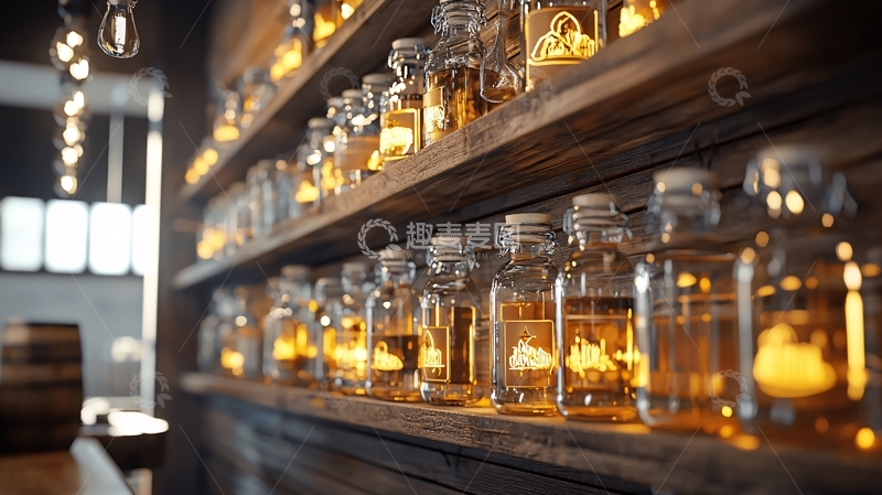 高清大图下载【趣麦麦图】木质货架上的玻璃瓶灯光