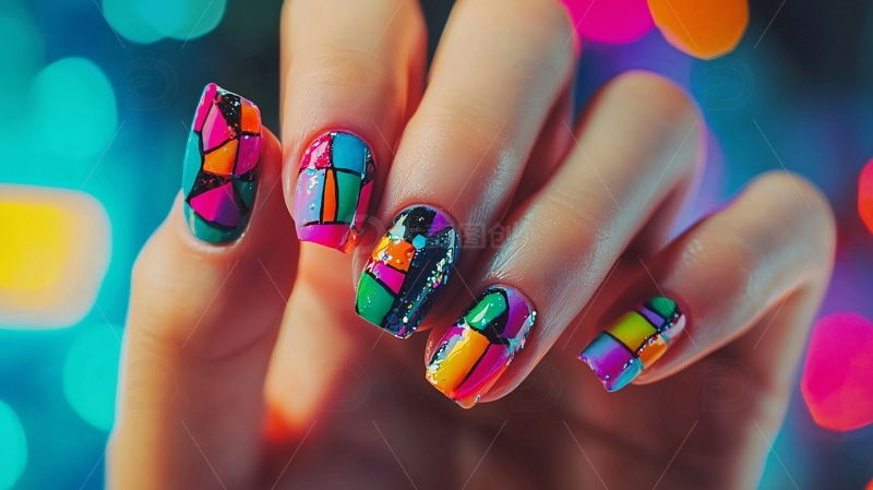 高清大图下载【趣麦麦图】彩色几何图案美甲