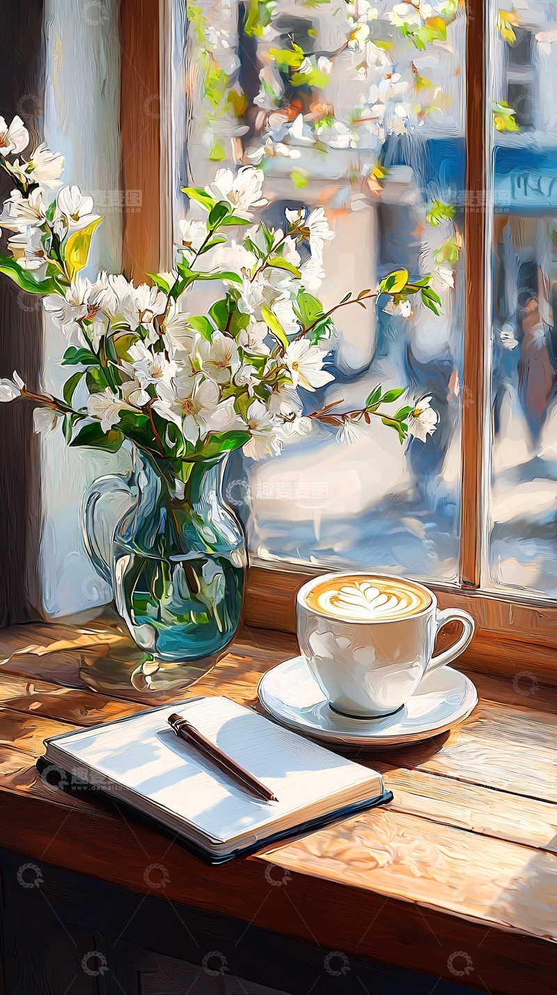 高清大图下载【趣麦麦图】阳光下的咖啡和花