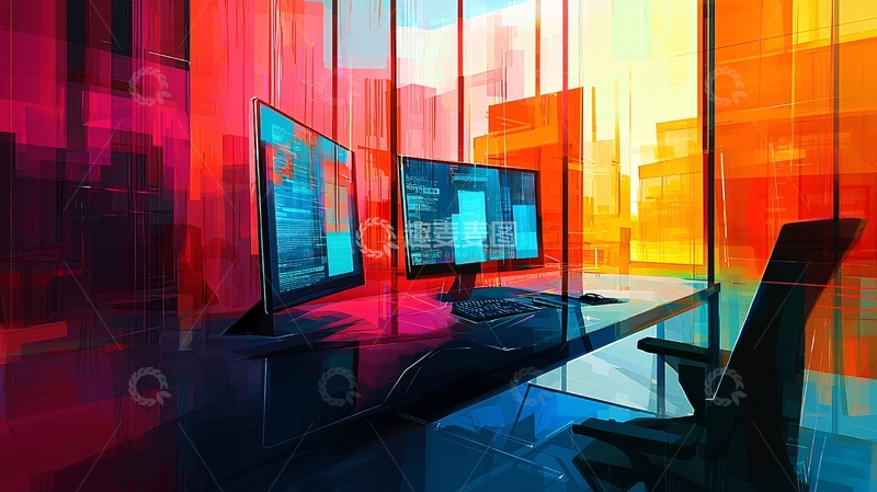 高清大图下载【趣麦麦图】彩色玻璃幕墙办公桌电脑