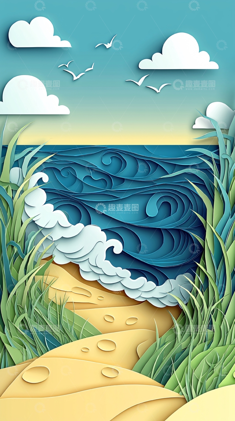高清大图下载【趣麦麦图】海滩纸艺风格插画