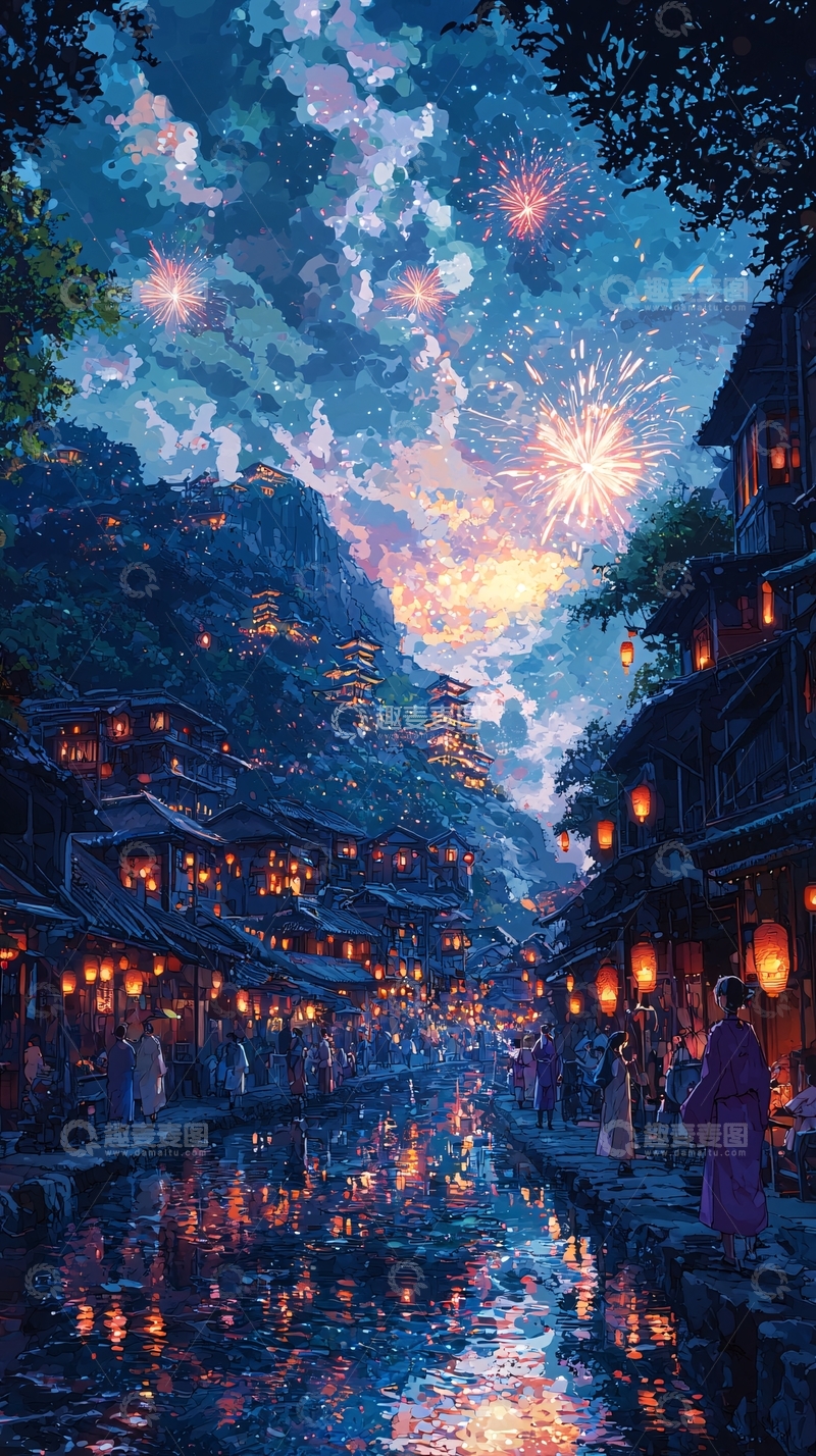 高清大图下载【趣麦麦图】夜色下的古镇烟花