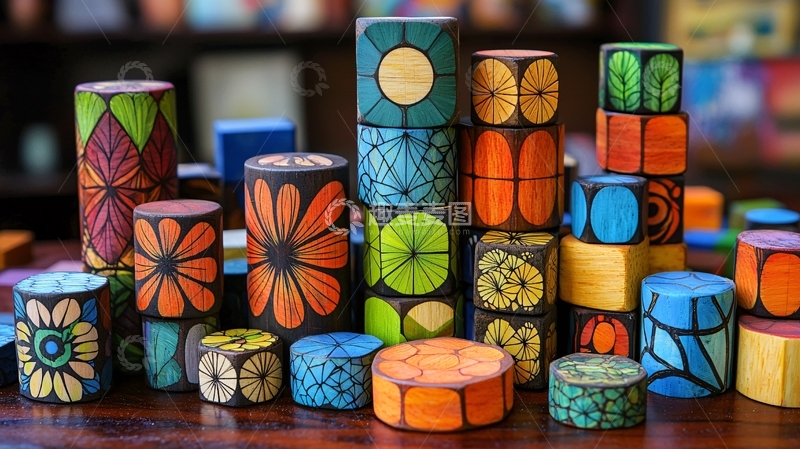 高清大图下载【趣麦麦图】彩色花朵几何积木玩具