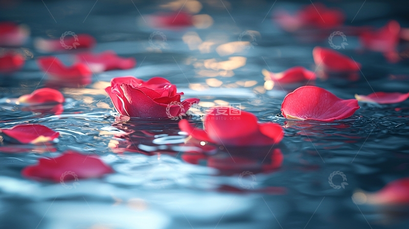 高清大图下载【趣麦麦图】水面漂浮的红色玫瑰花瓣