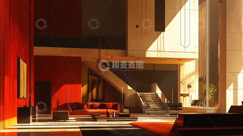 高清大图下载【趣麦麦图】阳光洒进红色建筑内部