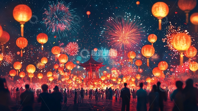 高清大图下载【趣麦麦图】节日庆典的烟花灯笼人潮