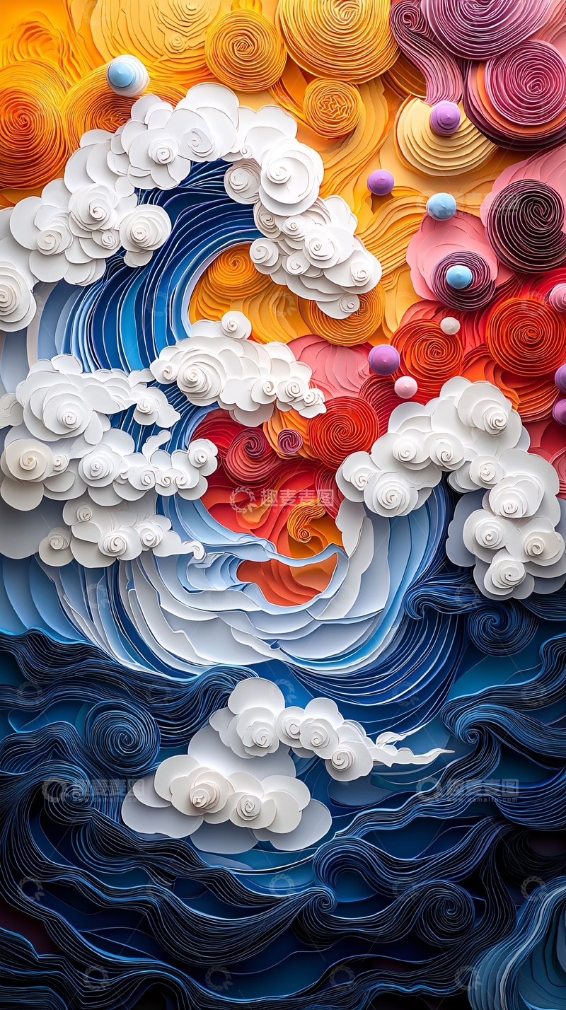 高清大图下载【趣麦麦图】创意纸艺风海浪日出图