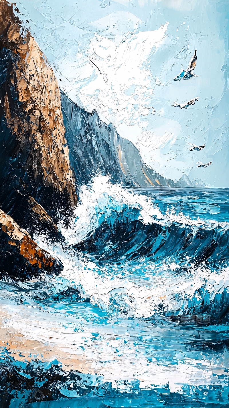 高清大图下载【趣麦麦图】海边礁石的油画风格