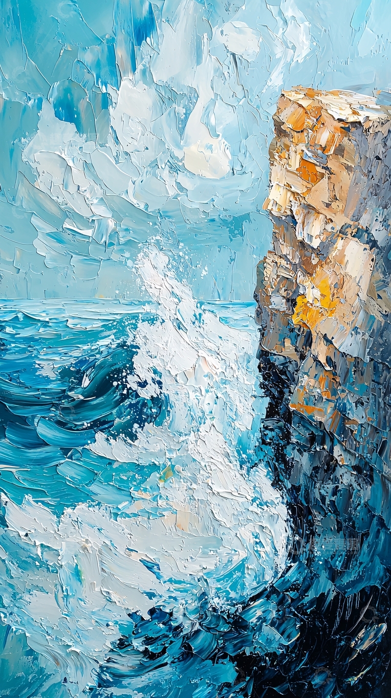 高清大图下载【趣麦麦图】海浪撞击岩石的油画