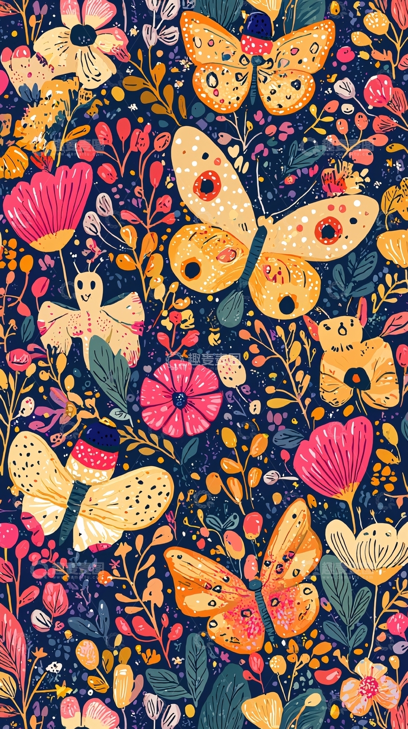 高清大图下载【趣麦麦图】手绘花卉蝴蝶图案