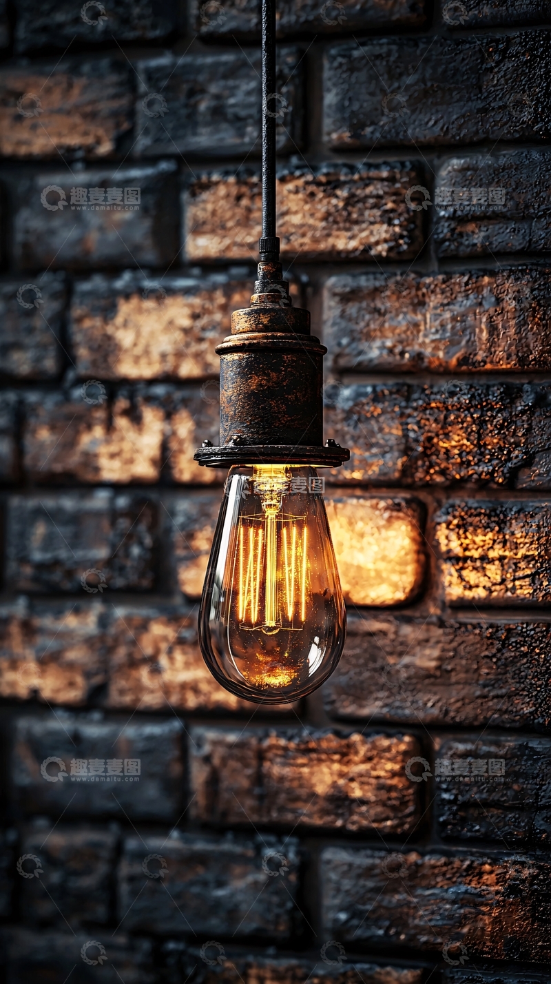 高清大图下载【趣麦麦图】复古灯泡挂在砖墙前