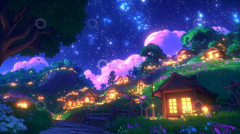 高清大图下载【趣麦麦图】梦幻星空下的村庄