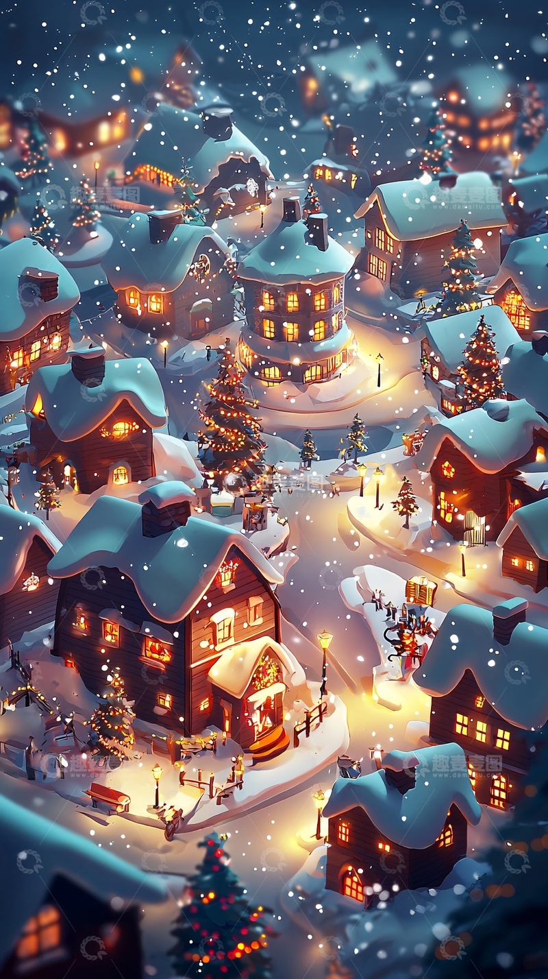 高清大图下载【趣麦麦图】冬夜雪景小镇