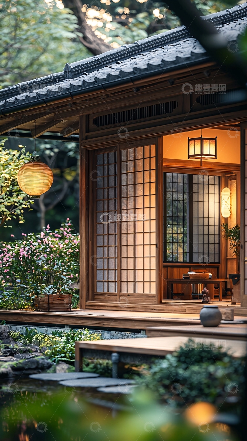 高清大图下载【趣麦麦图】日式庭院夜晚的宁静一角