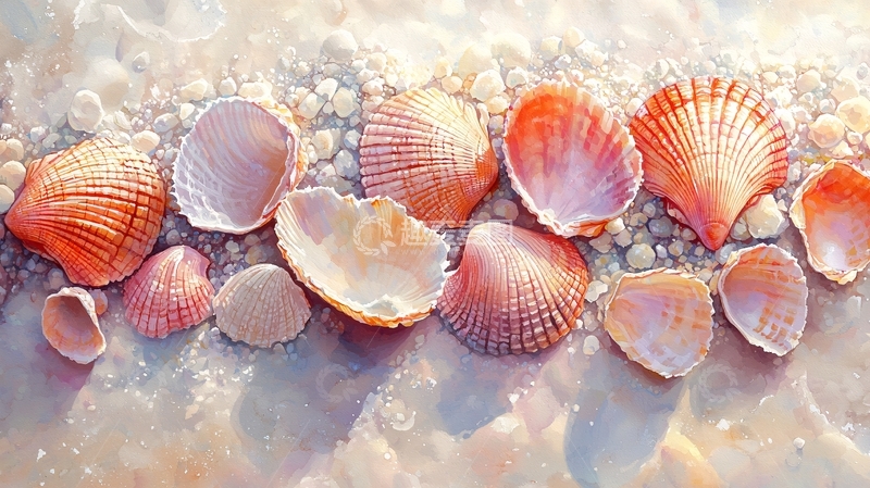 高清大图下载【趣麦麦图】沙滩上排列的彩色贝壳