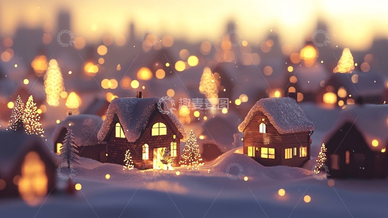 高清大图下载【趣麦麦图】冬日雪景小镇夜景