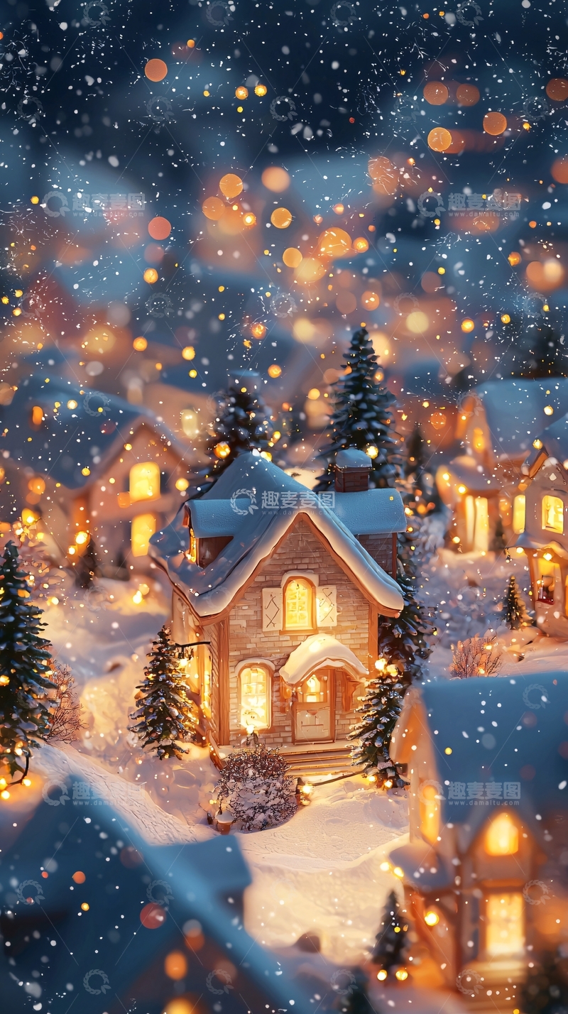 高清大图下载【趣麦麦图】冬夜雪景小镇