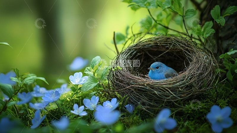 高清大图下载【趣麦麦图】蓝色小鸟在鸟巢中