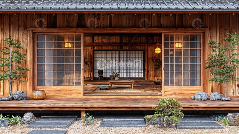 高清大图下载【趣麦麦图】日式木屋推拉门庭院景观