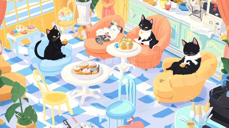 高清大图下载【趣麦麦图】猫咪下午茶