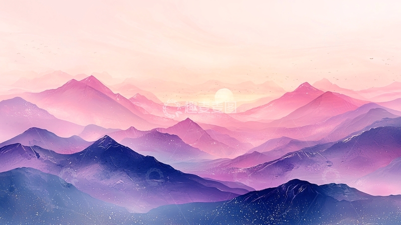 高清大图下载【趣麦麦图】水墨风紫色山峦日出