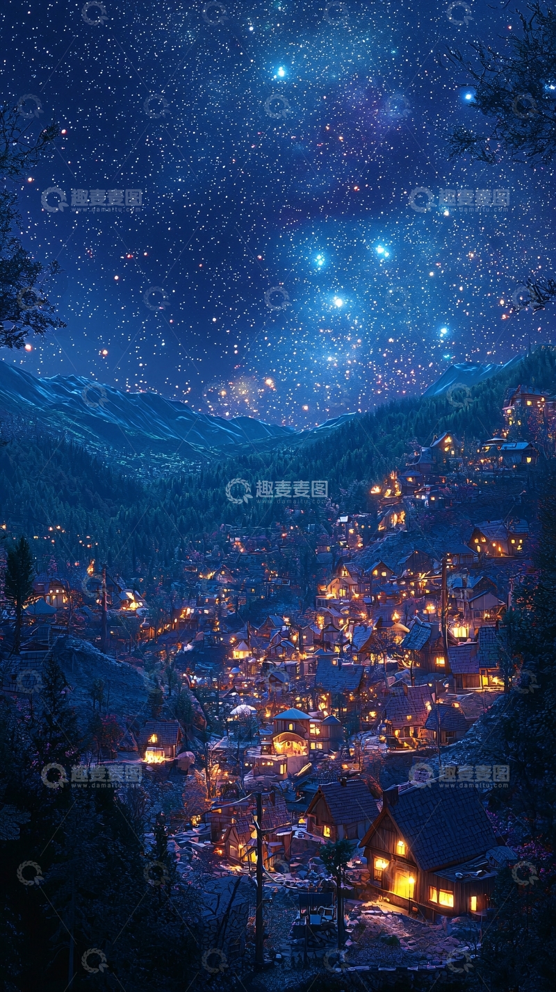 高清大图下载【趣麦麦图】星空小镇夜景