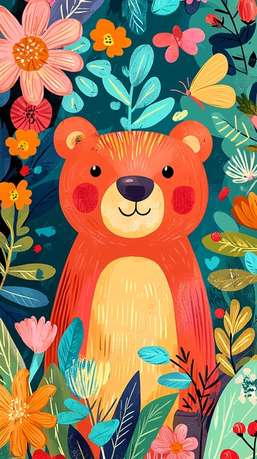 可爱卡通熊在花丛中