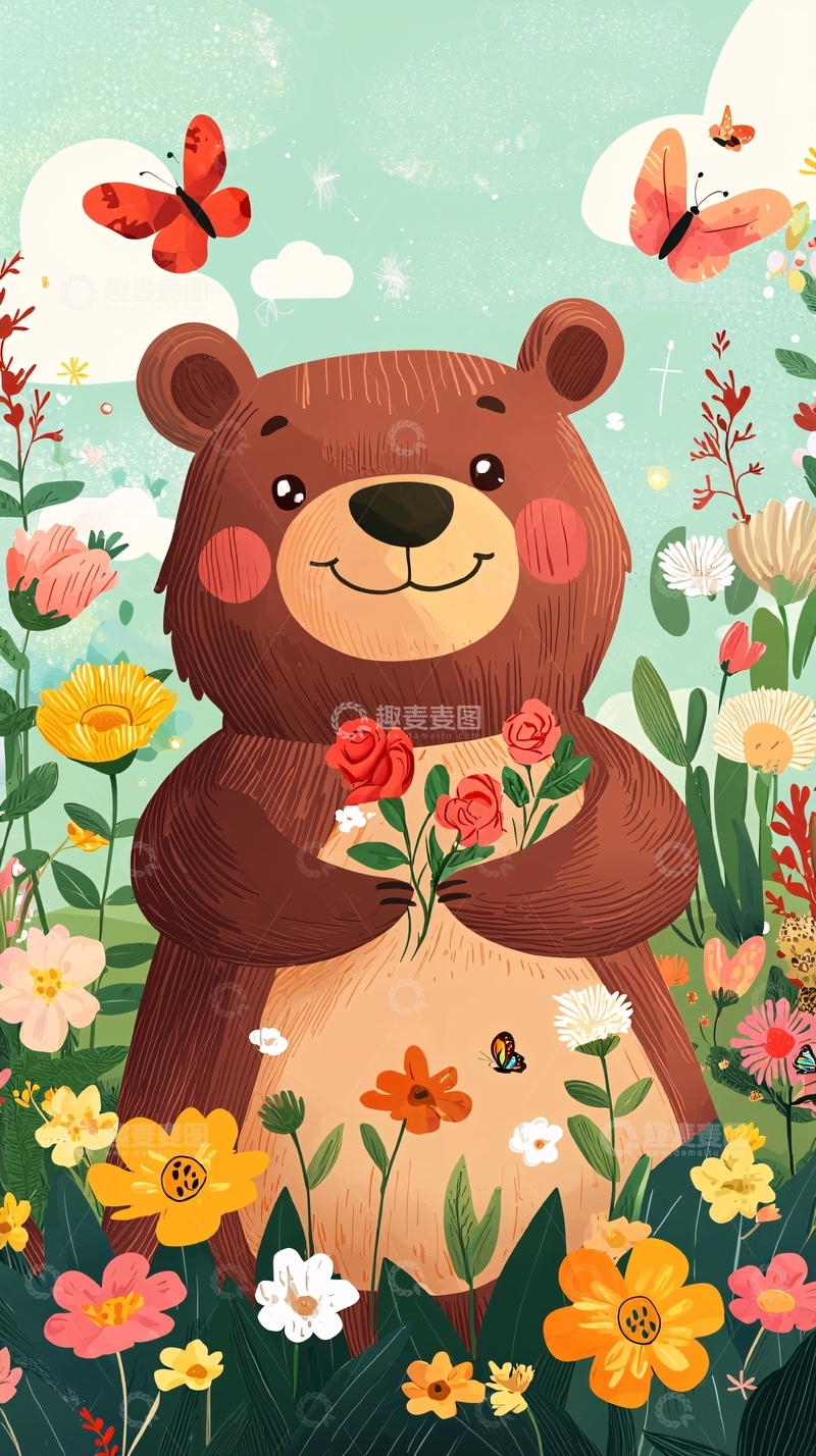 高清大图下载【趣麦麦图】-可爱小熊鲜花背景图