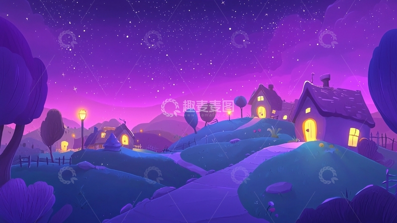 高清大图下载【趣麦麦图】紫色星空下的梦幻小镇