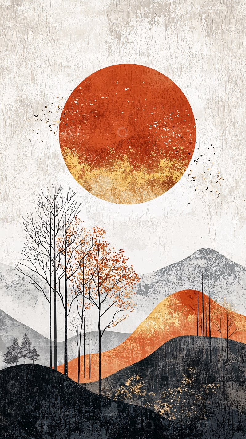 高清大图下载【趣麦麦图】日出山林间的抽象艺术画