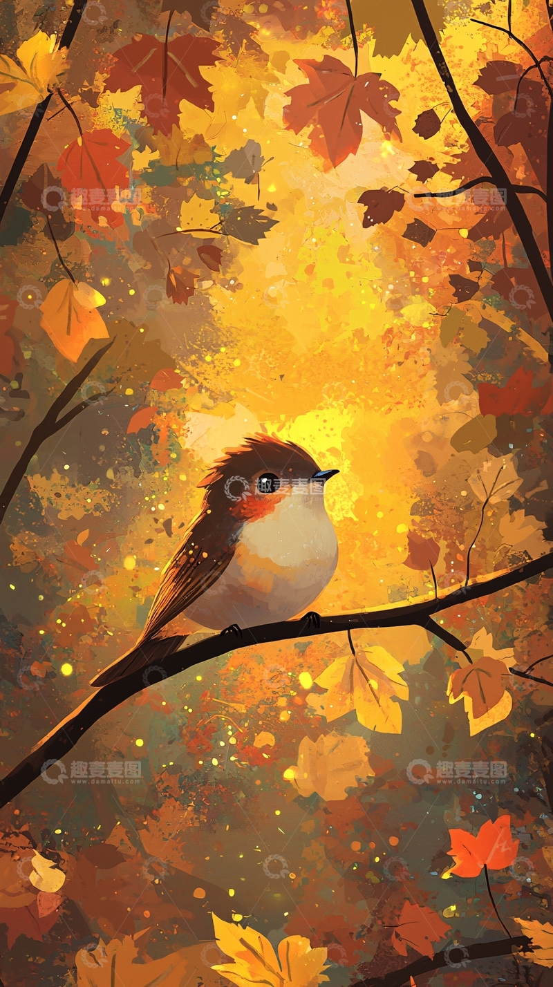 高清大图下载【趣麦麦图】秋日小鸟栖息枝头